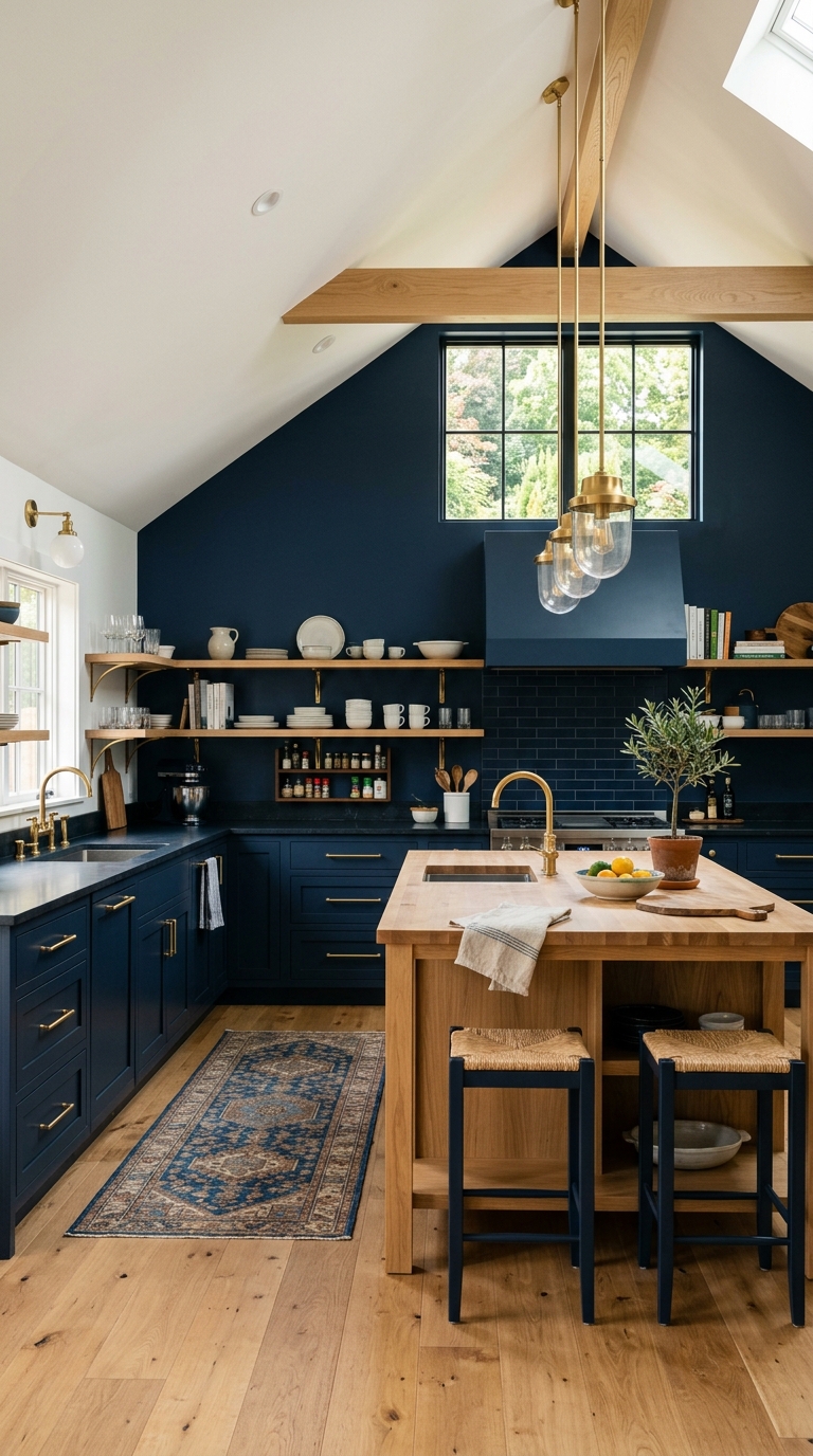 Two-tone navy and white paint strategy in a kitchen with vaulted ceiling