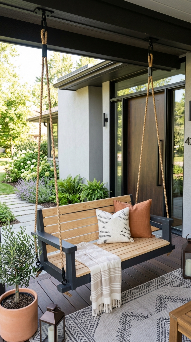 Two-tone porch swing with contrasting frame and seat colors