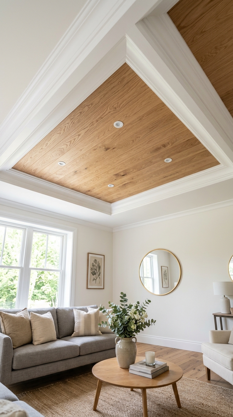Two-tone wood ceiling combining natural oak grain and white painted trim