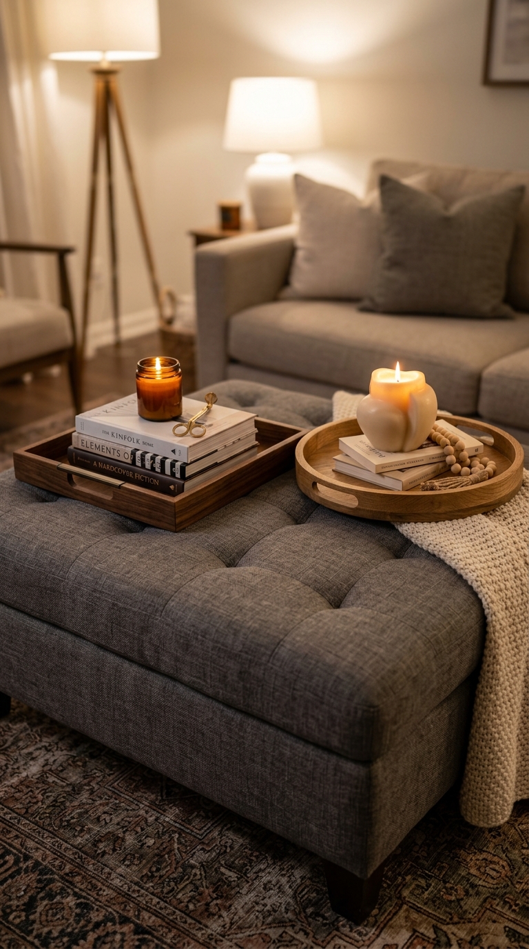 Large ottoman coffee table styled with two separate decor trays