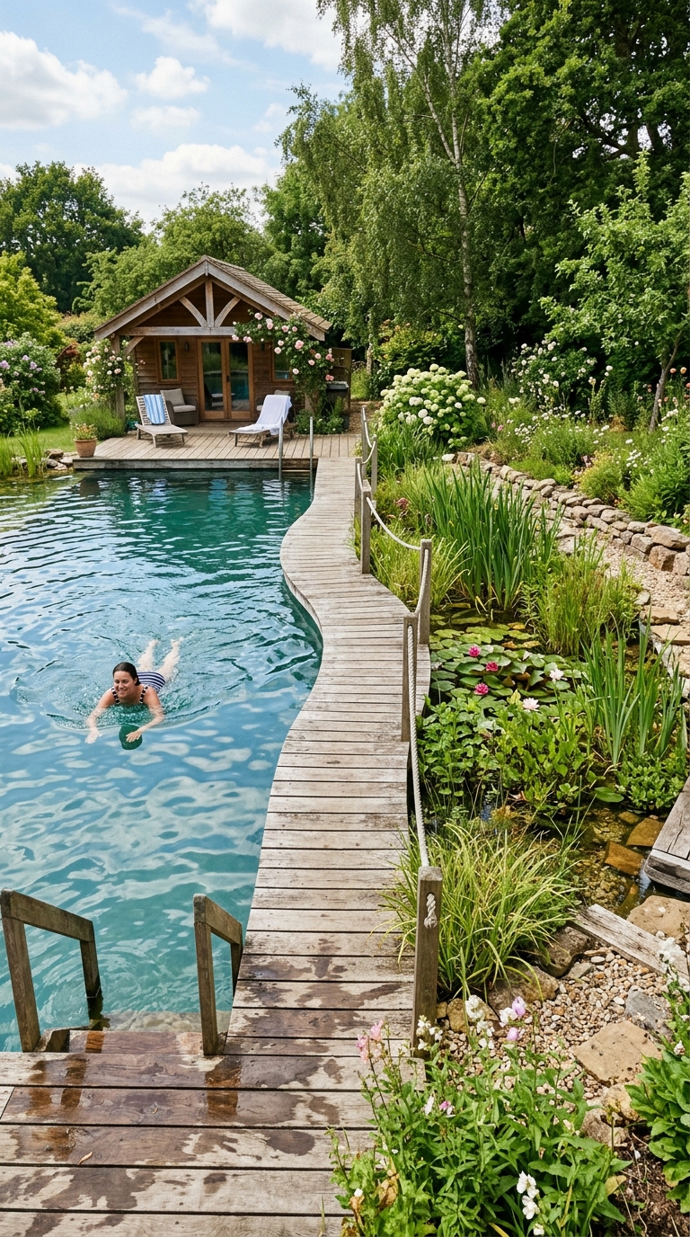 Natural swimming pool with separate swim area and plant filtration zone connected by wood walkway