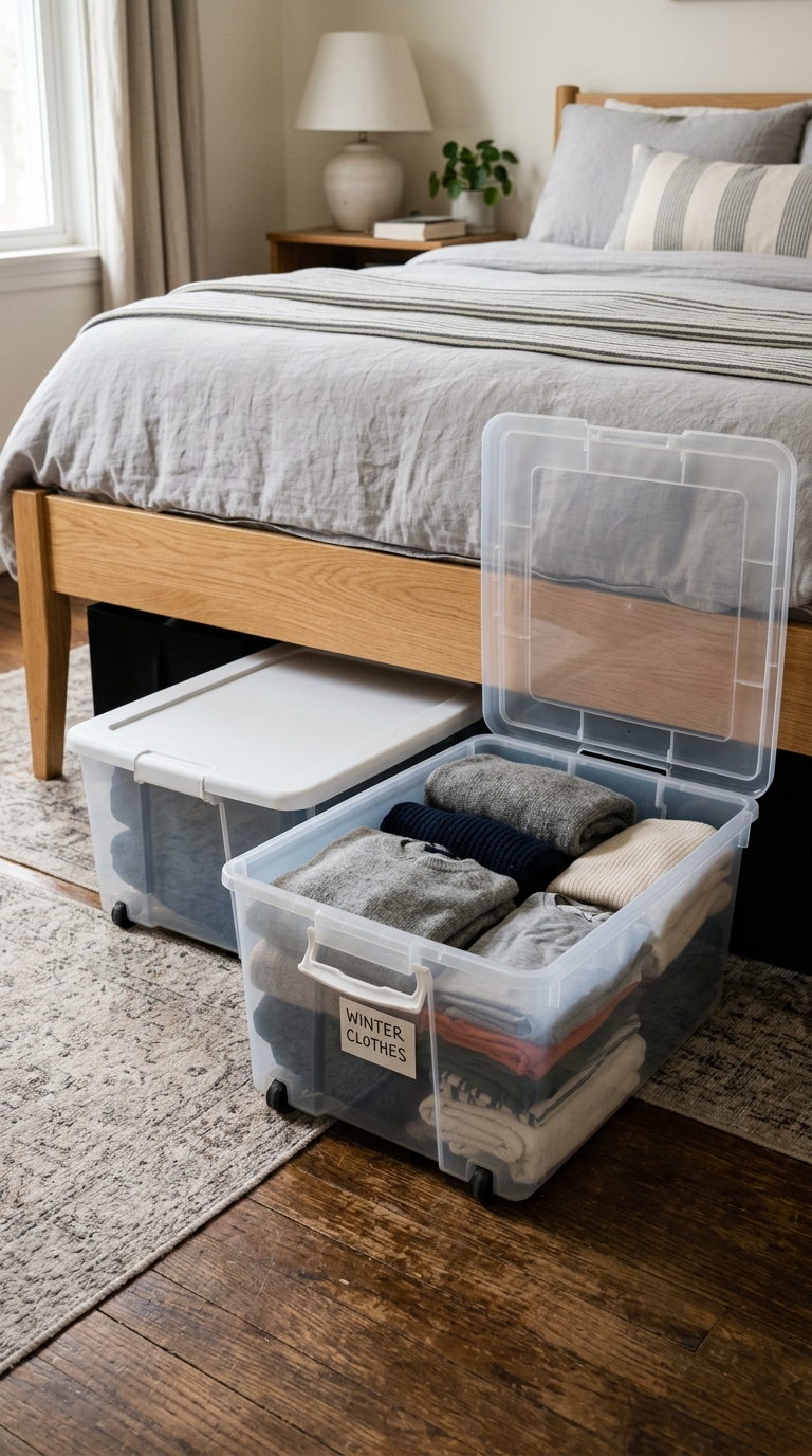 Rolling under-bed storage bins for small bedroom