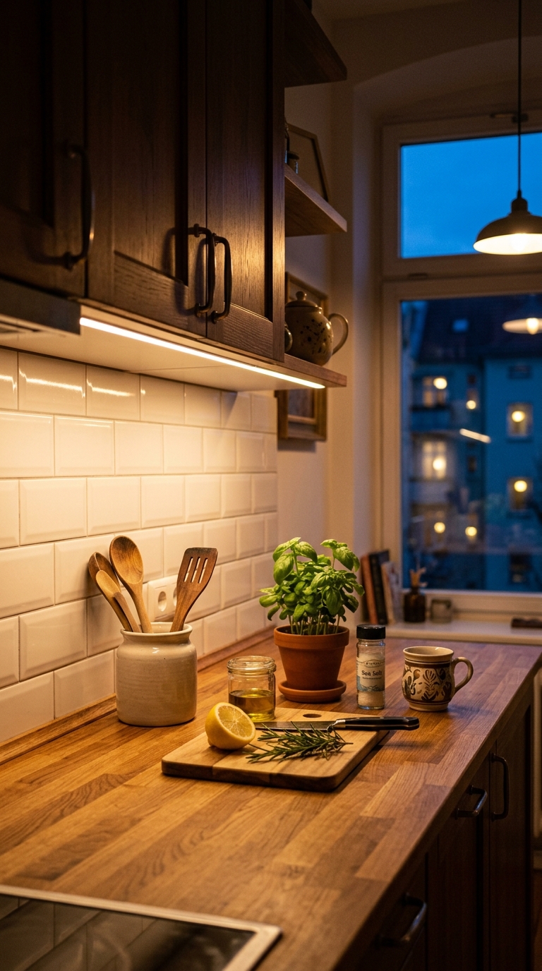 Warm under-cabinet LED lighting in a small apartment kitchen
