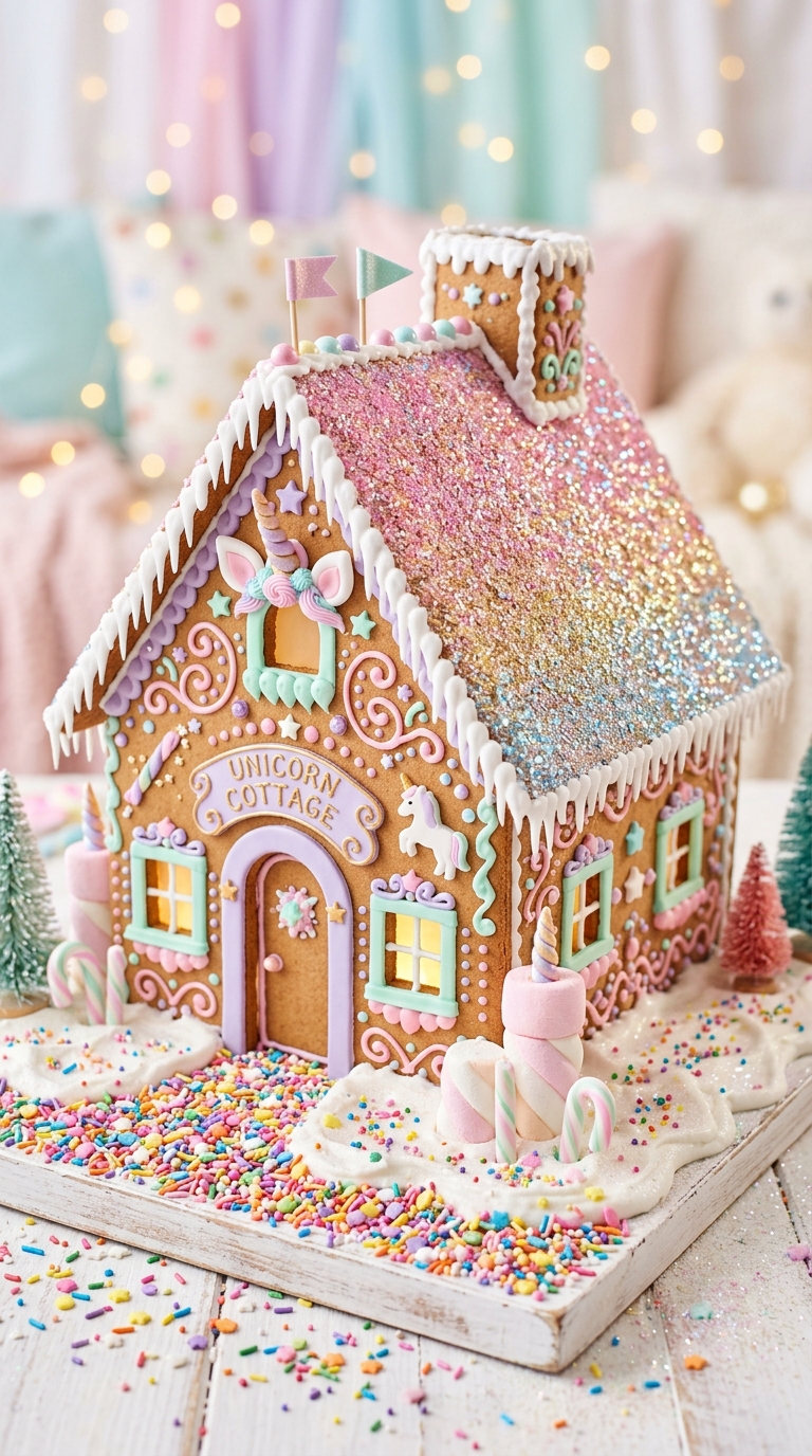 Pastel unicorn-themed pink gingerbread house with glittery roof, a fun idea for kids