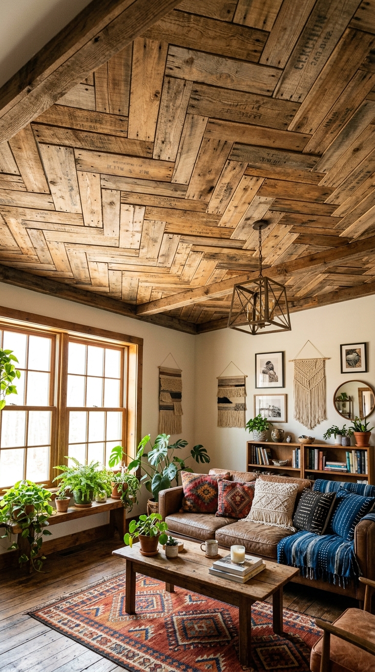 Herringbone ceiling made from upcycled wood crate panels