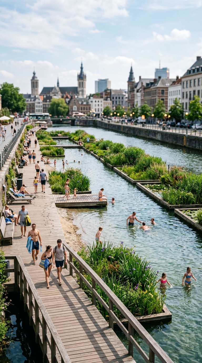Urban canal converted into a natural swimming pool with floating gardens and wooden walkway
