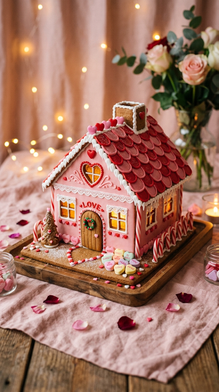 Pink and red Valentine's Day gingerbread house decorated with candy hearts