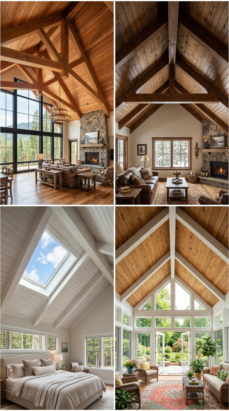Great room with a dramatic vaulted wood plank ceiling and large black-framed windows.