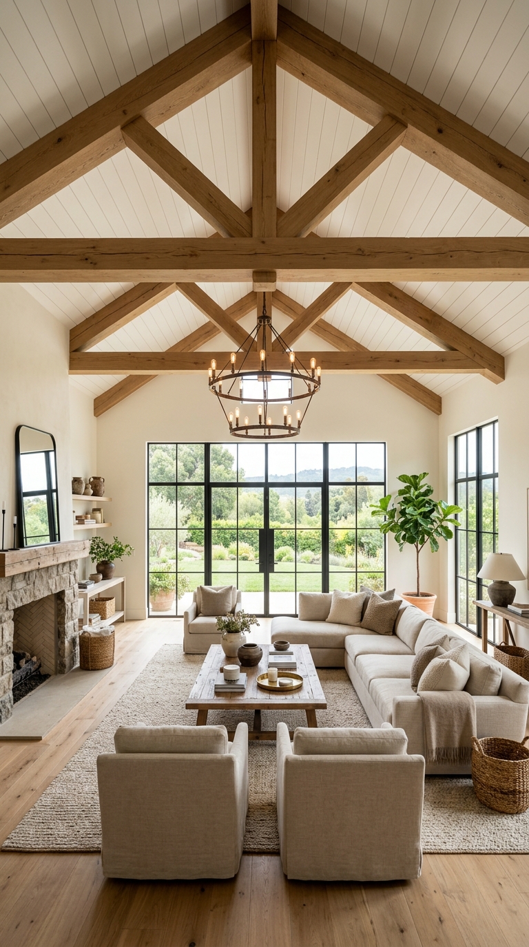 Vaulted ceiling ideas with exposed wood beams and bright modern interiors.