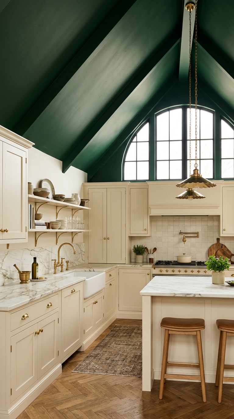 old forest green painted vaulted ceiling in a modern kitchen