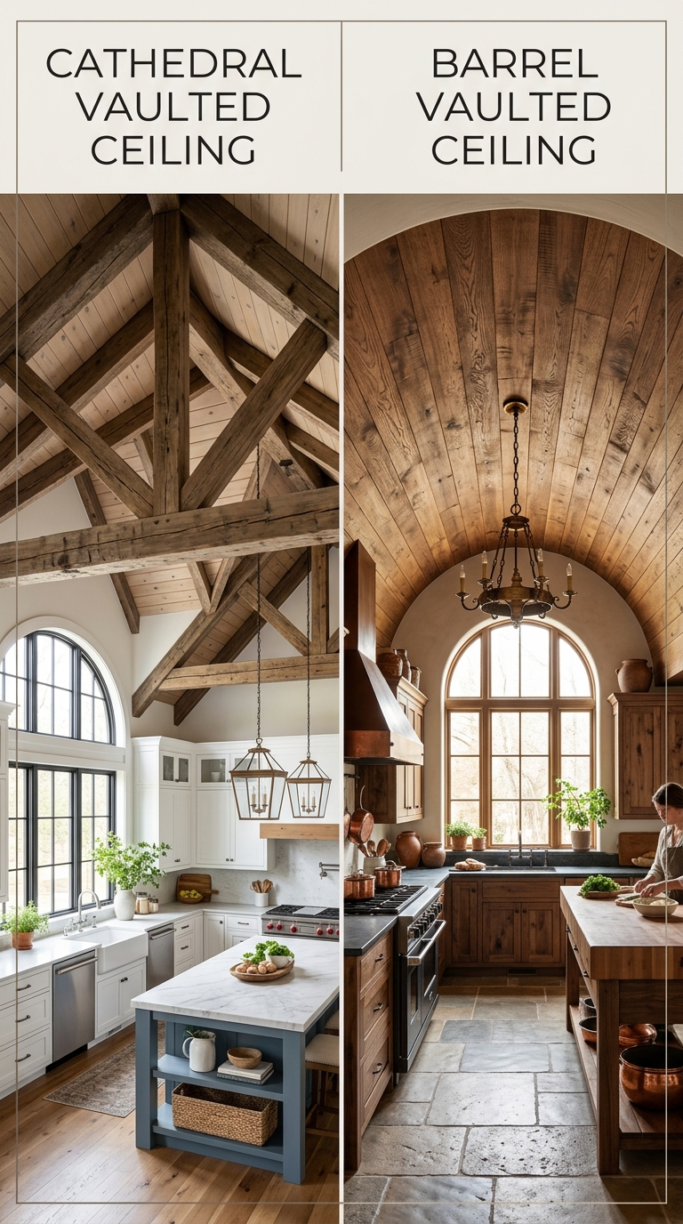 Comparison of cathedral and barrel vault ceiling styles in a kitchen
