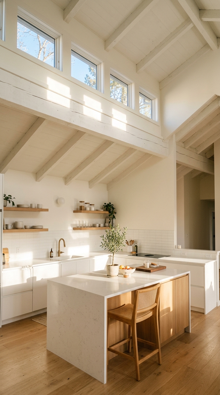 Vaulted ceiling kitchen featuring clerestory windows for natural light and privacy