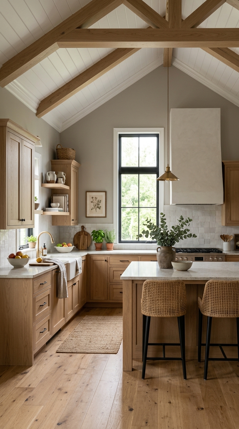 Crown molding detail in a vaulted ceiling kitchen transition