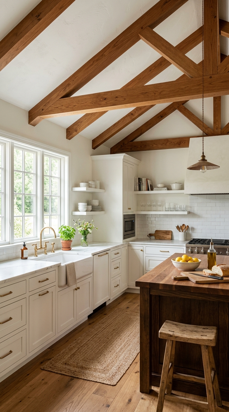 Vaulted ceiling kitchen with exposed wood beams and white cabinetry for a warm farmhouse look