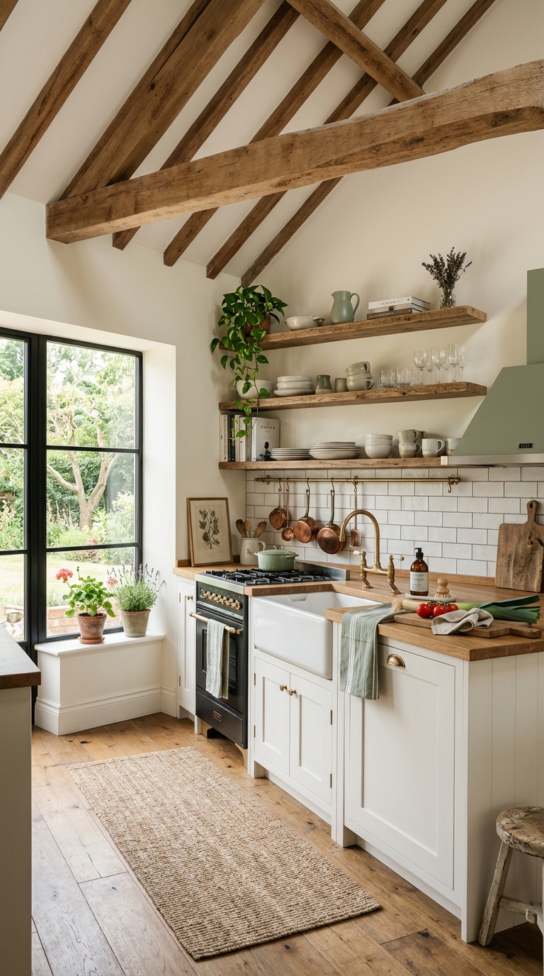 Farmhouse-style vaulted ceiling kitchen with white shaker cabinets and open shelving