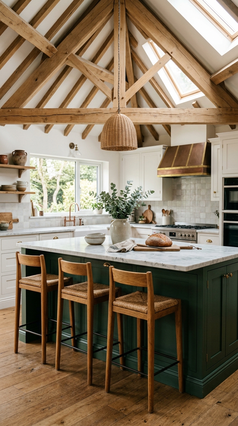 Large grounding island in a vaulted ceiling kitchen design