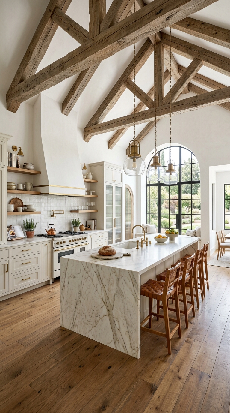 Vaulted ceiling kitchen ideas with exposed wood beams and luxury modern design