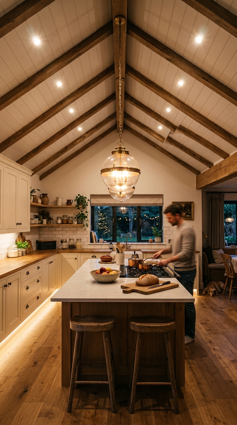 Layered lighting design in a vaulted ceiling kitchen with pendant and recessed lights