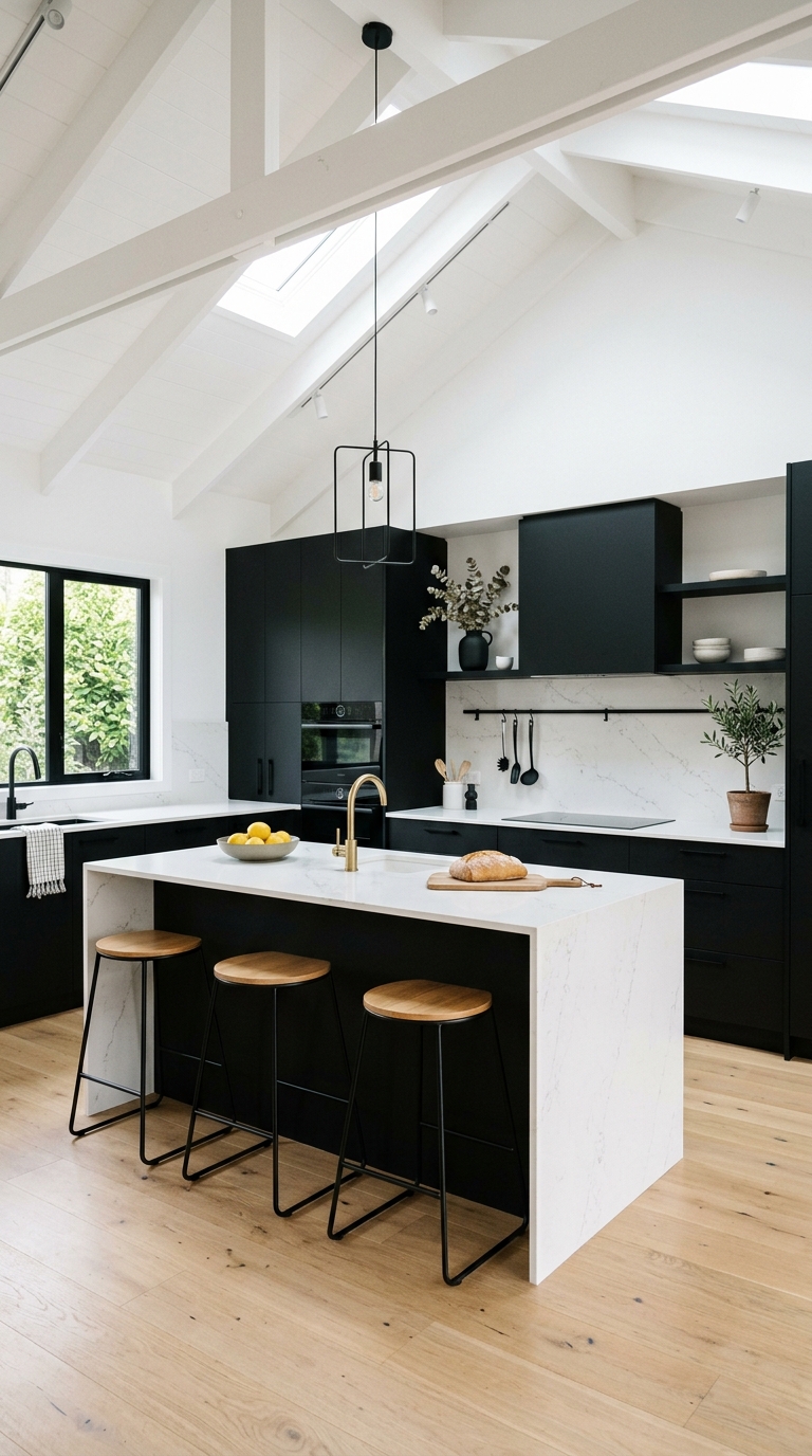 Modern minimalist vaulted ceiling kitchen with black cabinetry and quartz countertops