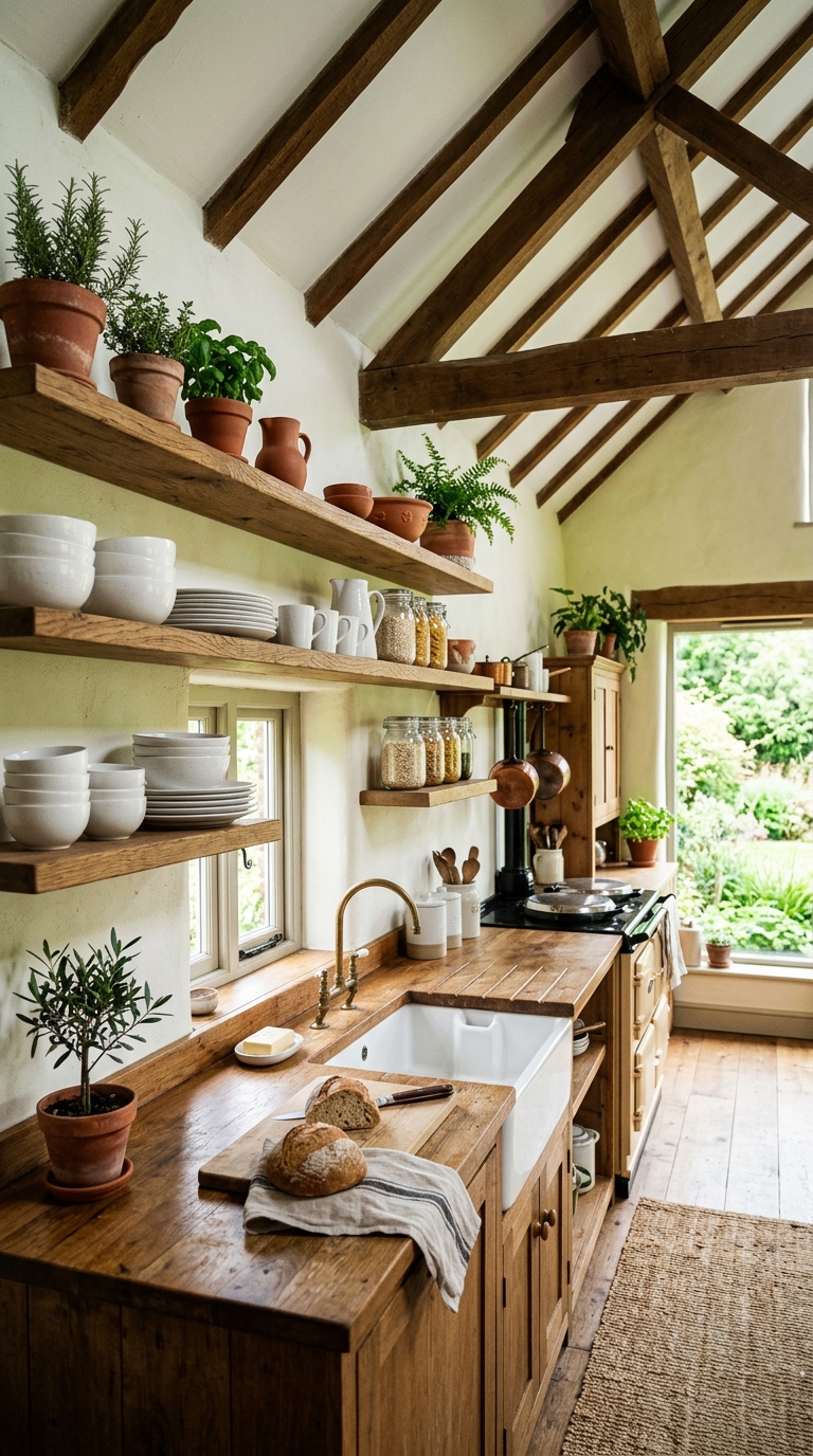 Open wood shelving in a bright vaulted ceiling kitchen