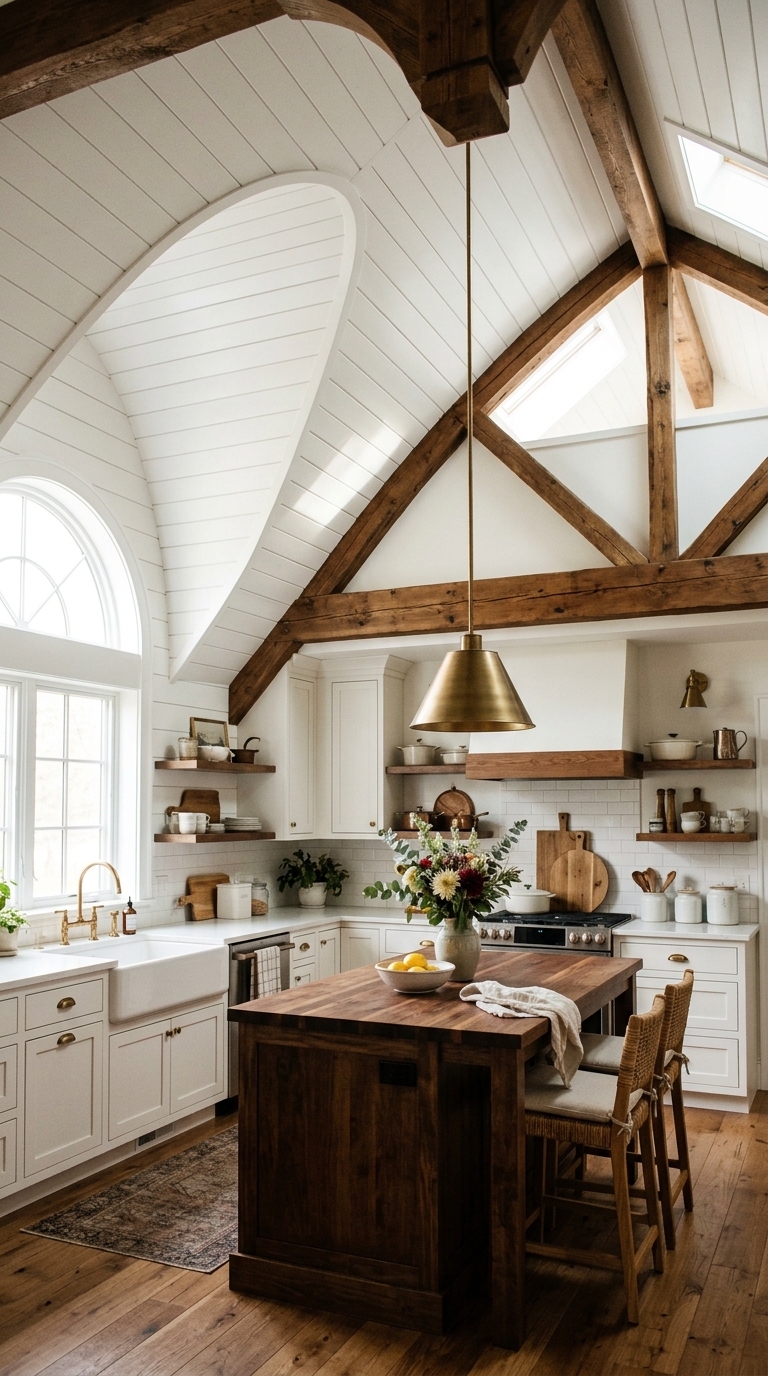 Shiplap paneled vaulted ceiling in a farmhouse-style kitchen design