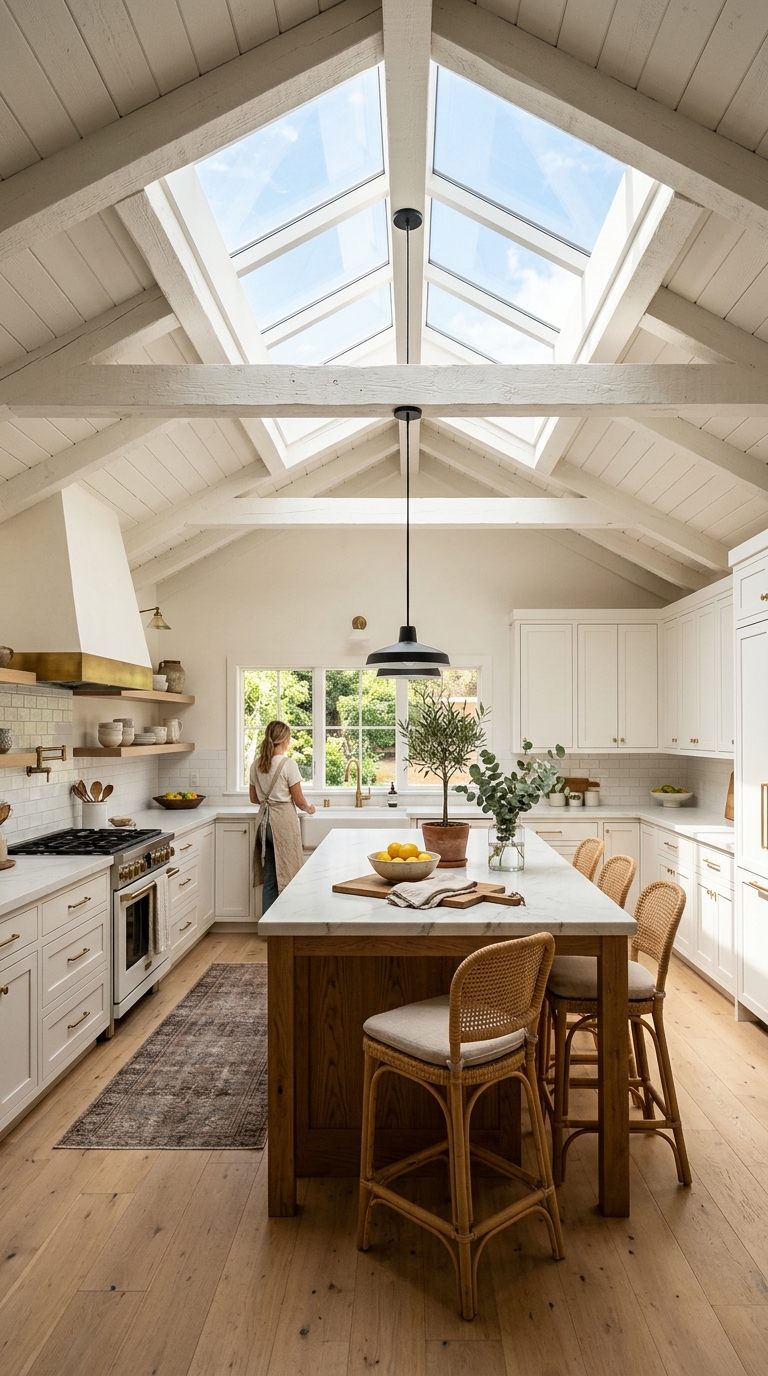 Vaulted ceiling kitchen with skylight bringing in natural daylight
