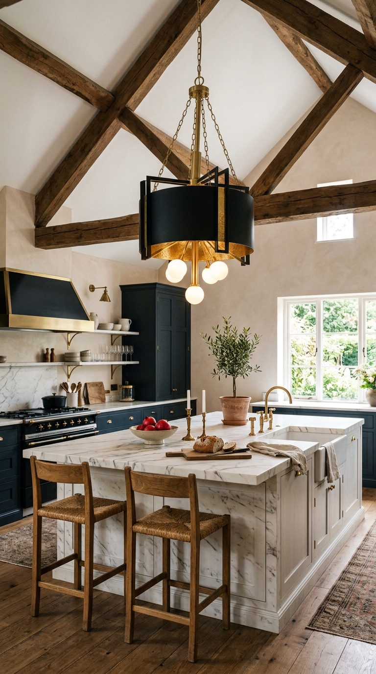 Statement pendant light over kitchen island in a vaulted ceiling kitchen design