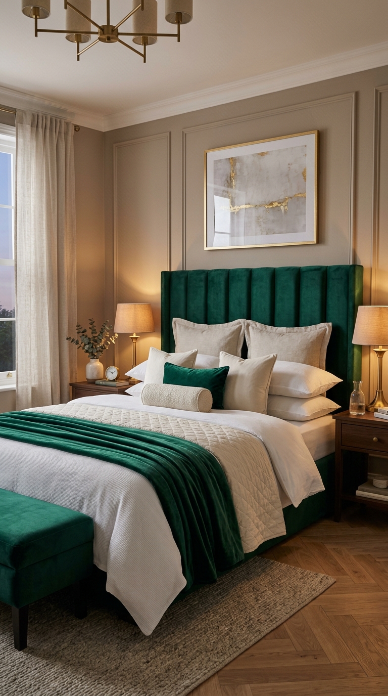 Emerald green velvet tufted headboard in a romantic couples bedroom with layered neutral bedding