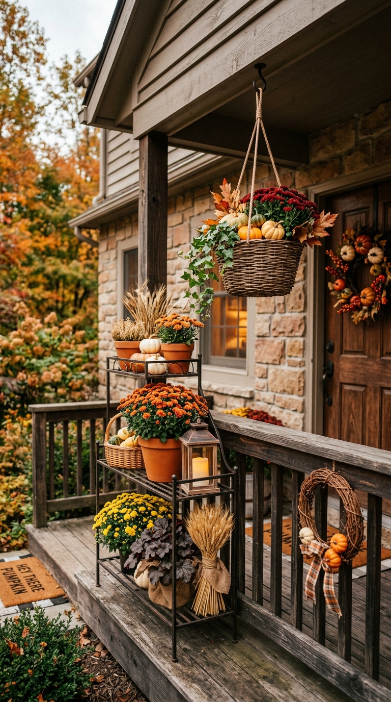 Vertical fall decor styled on a narrow front porch railing.