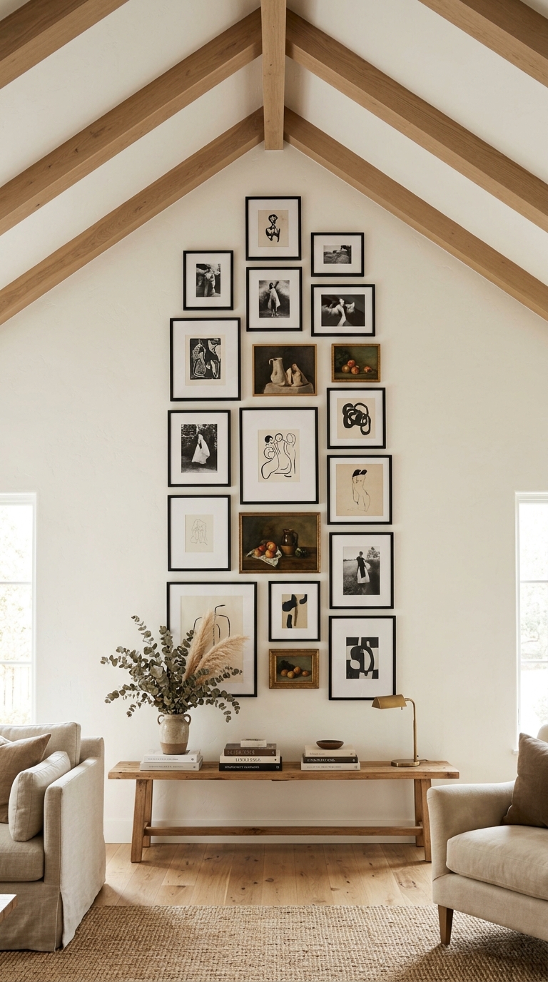 Vertical gallery wall of framed art beneath a vaulted ceiling