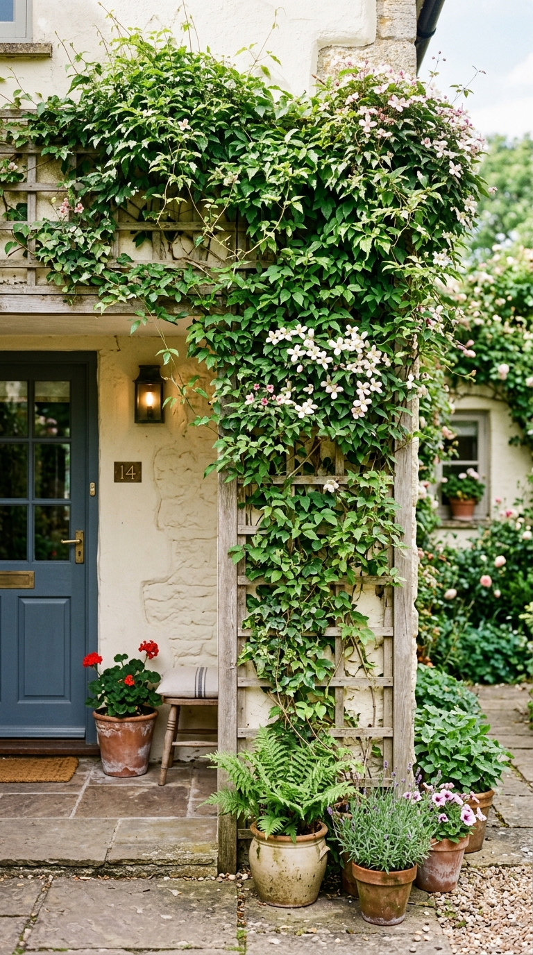 Vertical garden trellis idea for a small front porch wall