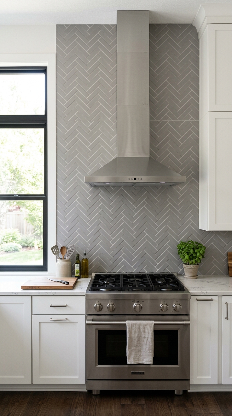 Vertical herringbone backsplash behind a kitchen range for added height
