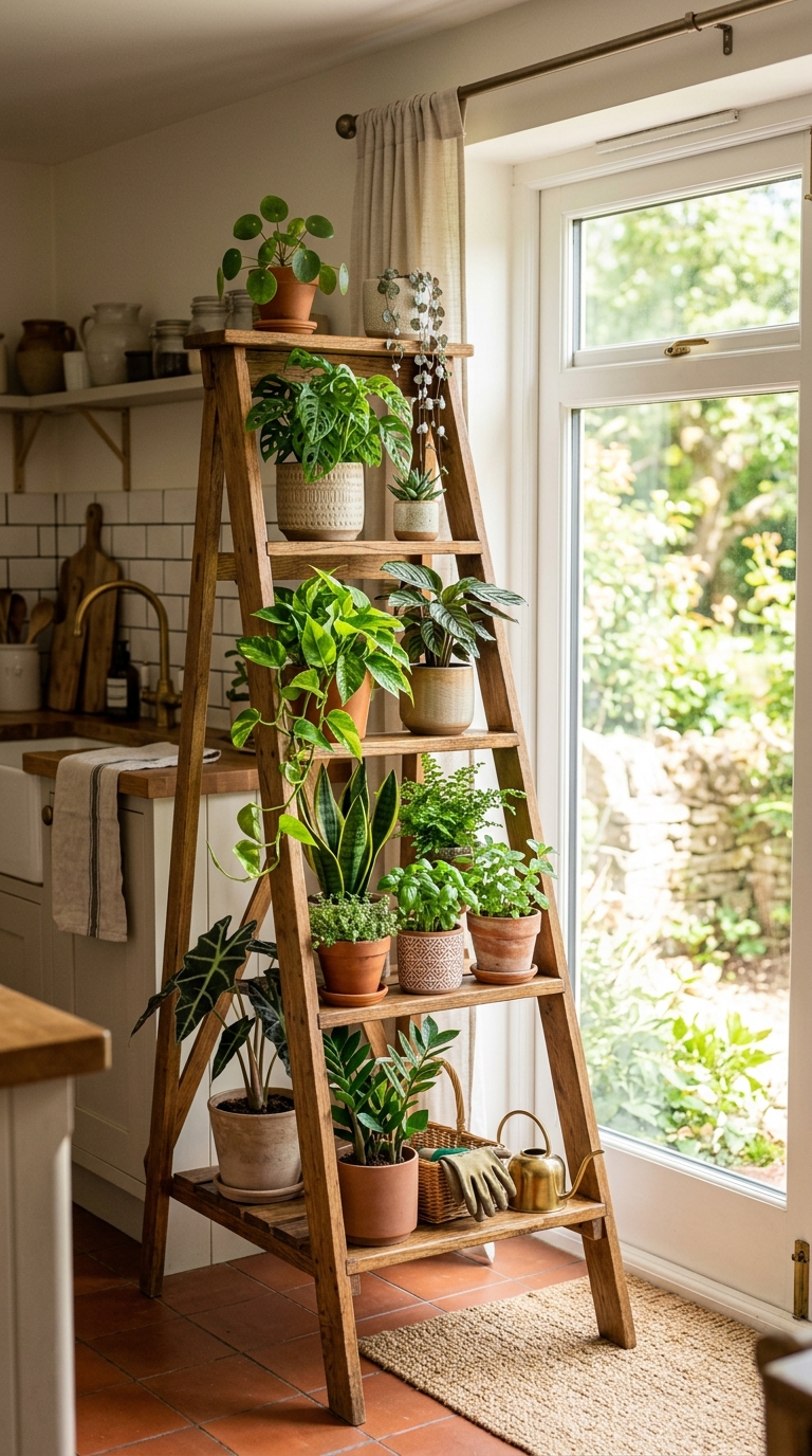 Vertical plant ladder styled beside a bright kitchen window with layered plant