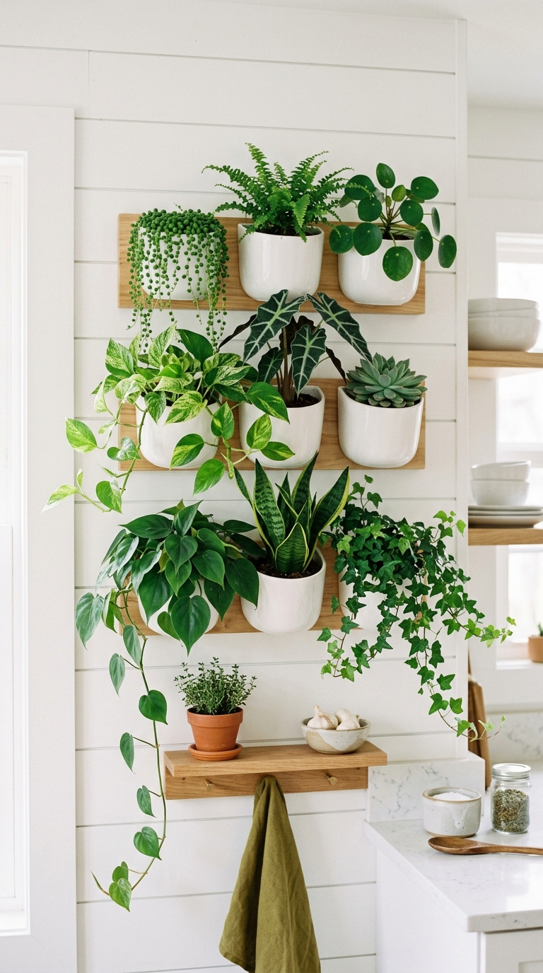 Vertical plant wall display in a small kitchen space
