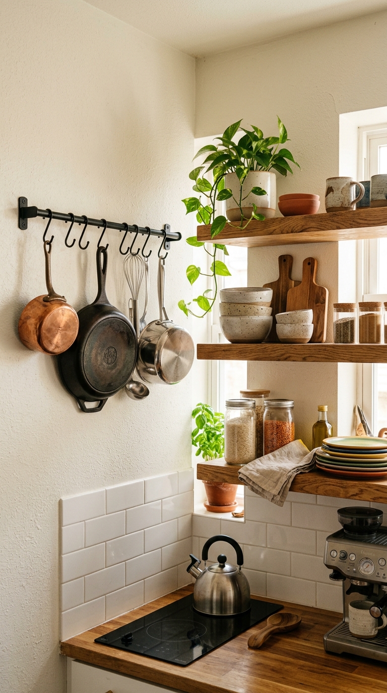 Vertical wall shelving and hanging storage in a small apartment kitchen