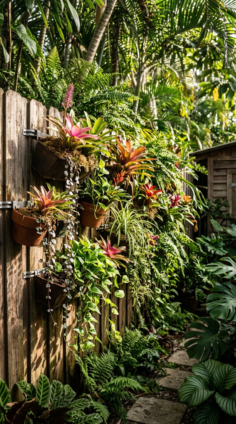 Vertical tropical garden wall with bromeliads and trailing vines on wooden fence
