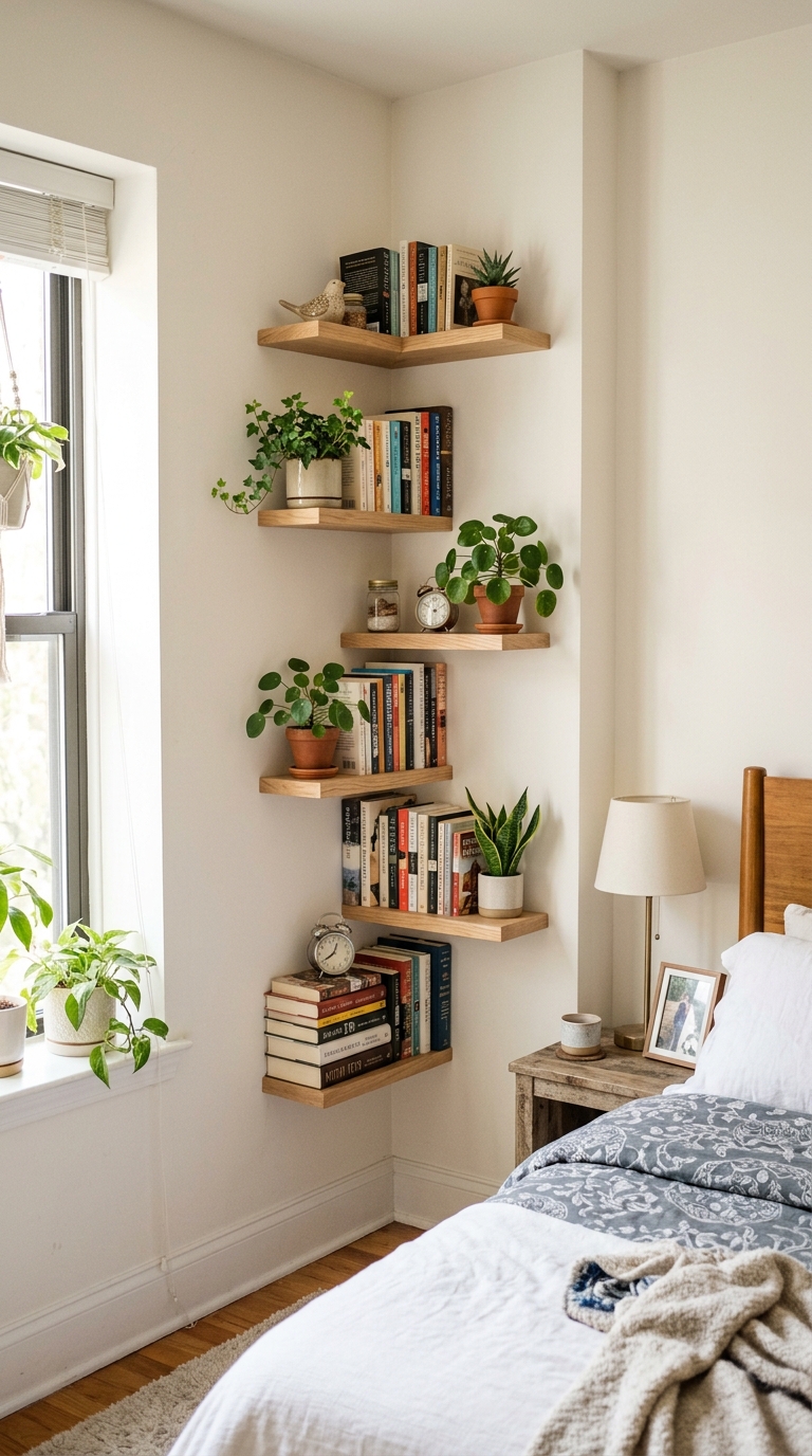 Vertical floating wall shelves in a small bedroom