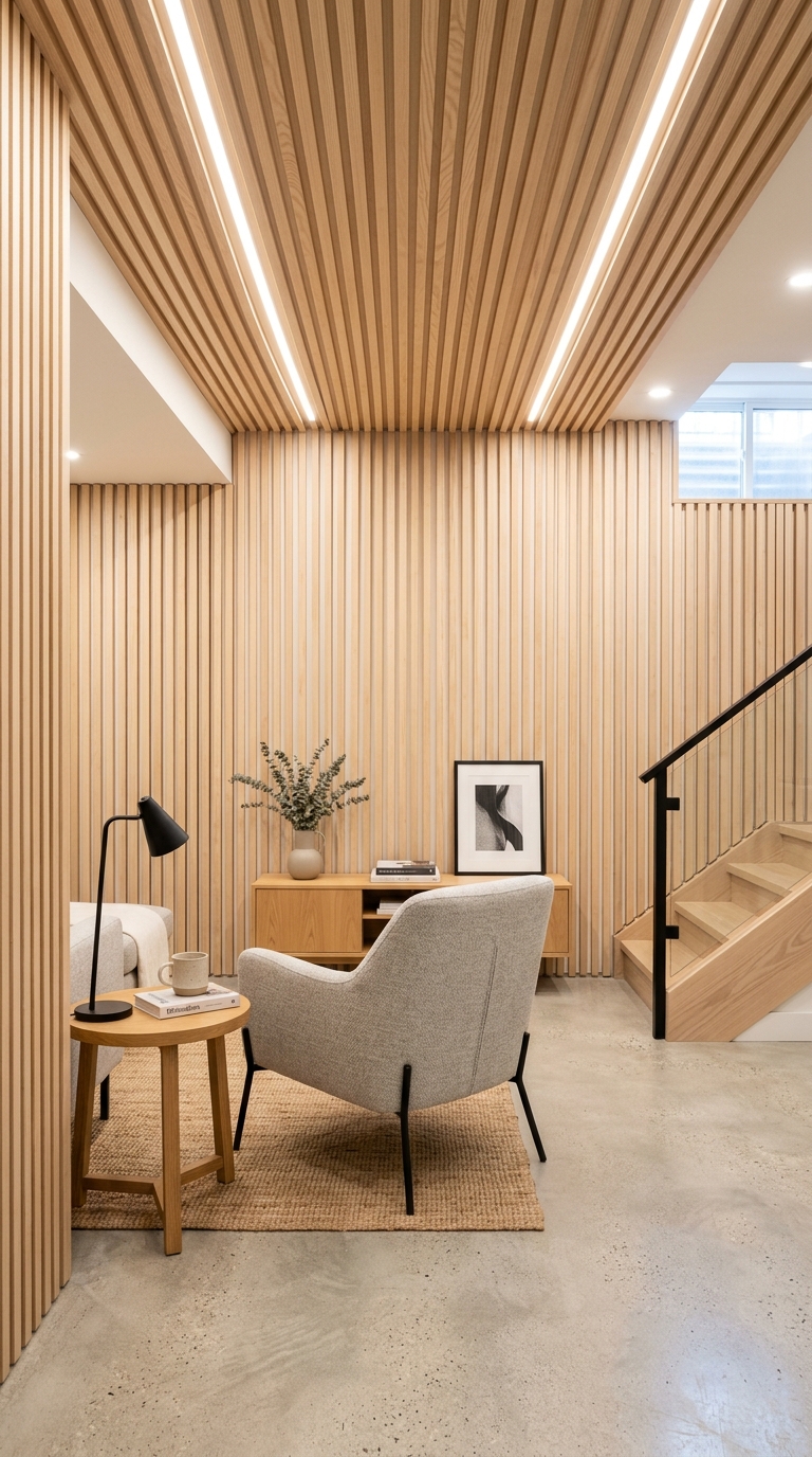 Vertical wood slats running floor to ceiling in a basement room