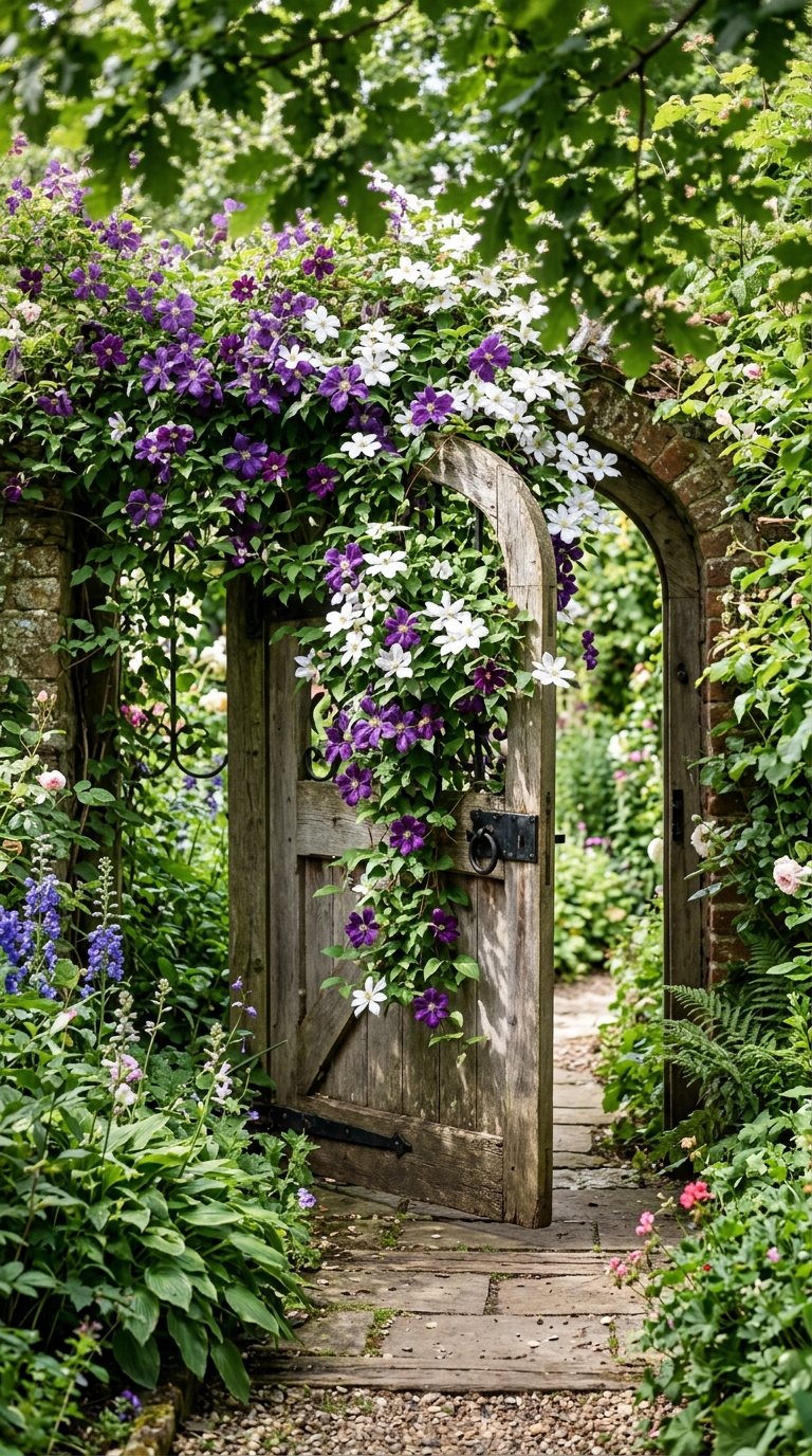 Vine-covered garden gate idea using flowering clematis climbers
