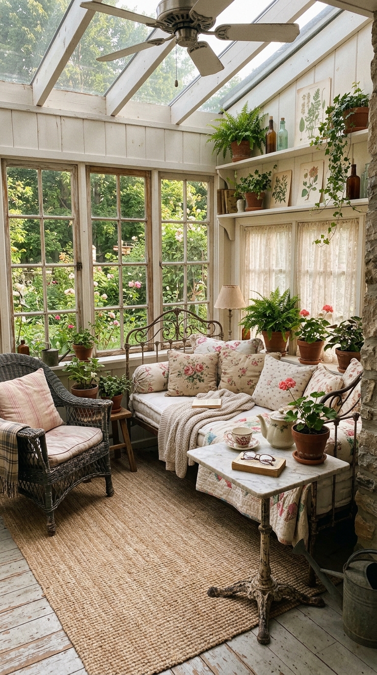 Vintage-style enclosed porch sunroom idea with antique furniture