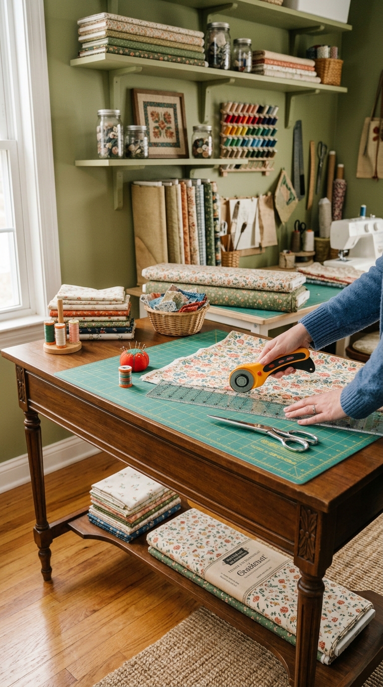 Vintage console table repurposed as fabric cutting station in sewing room