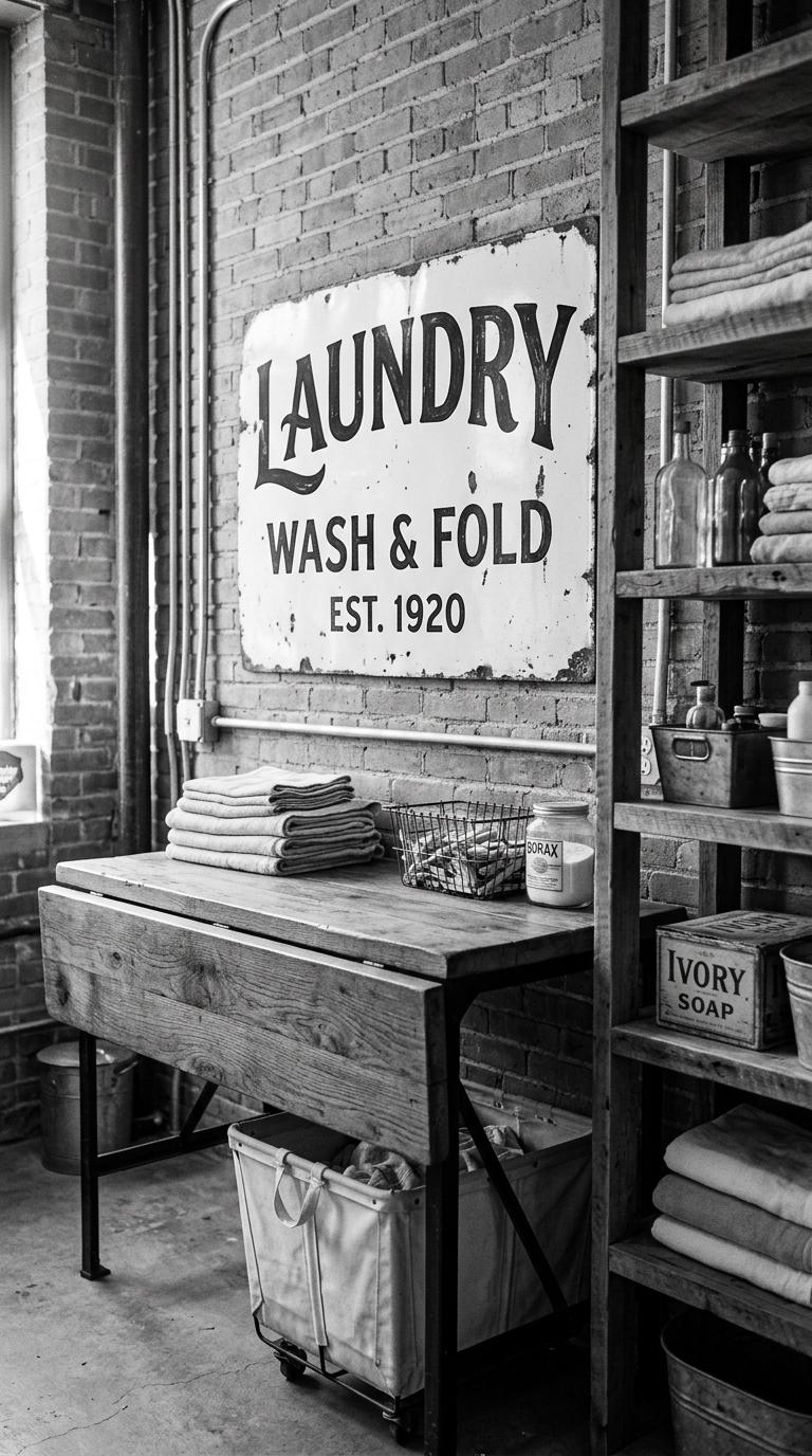 Vintage industrial signage idea for laundry room wall decor