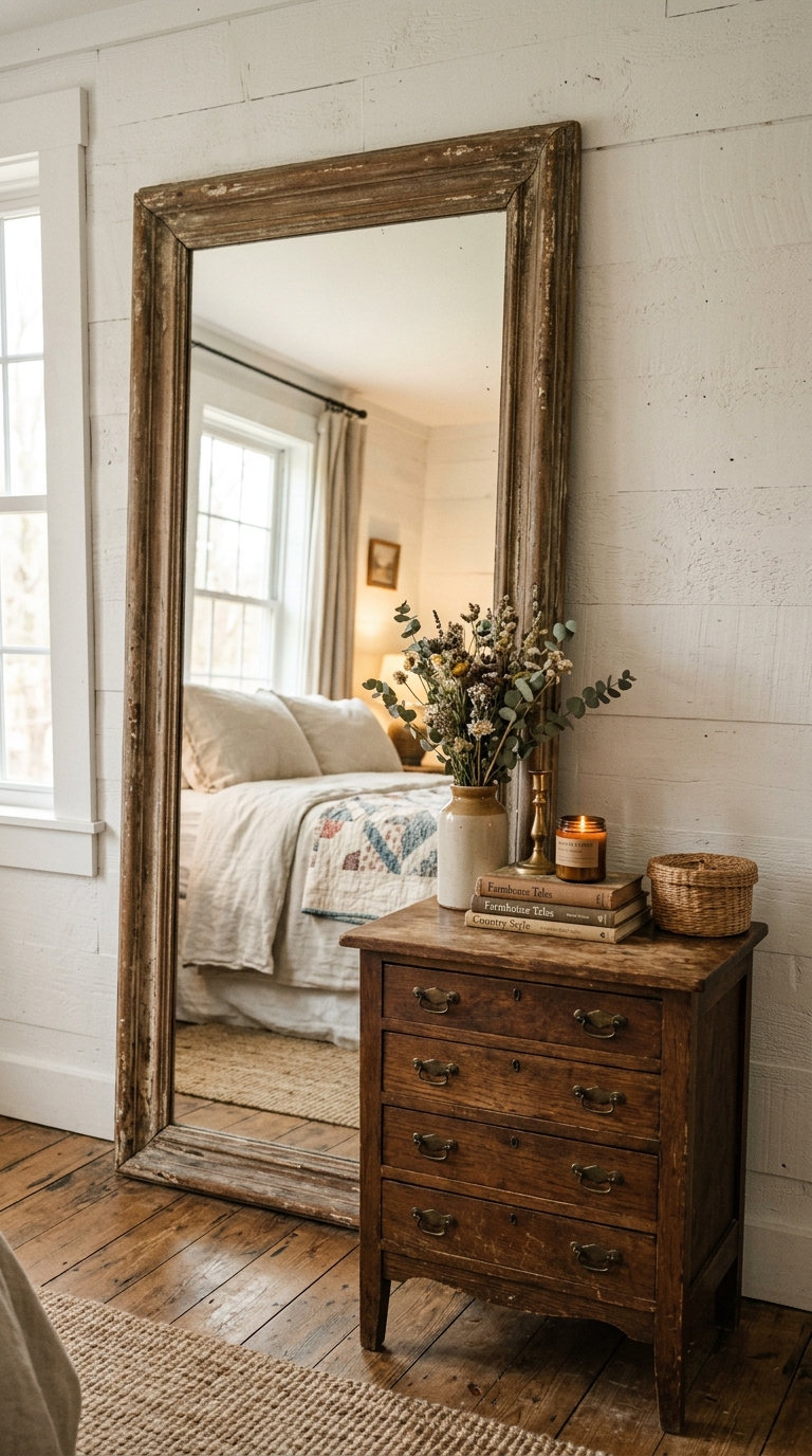 Vintage mirror styled as a statement piece in a farmhouse bedroom