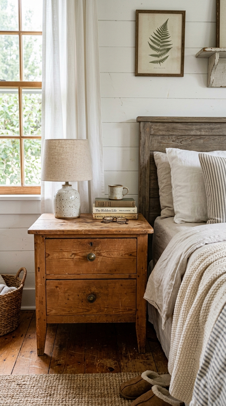 Vintage wooden nightstand styled in a cozy farmhouse bedroom