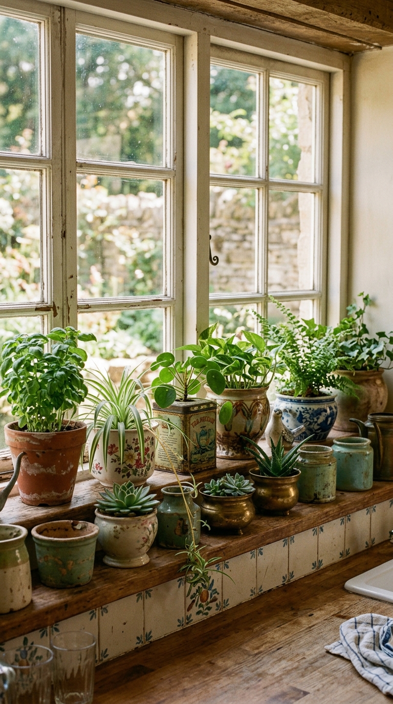 Mismatched vintage pots with plants styled on a kitchen windowsill