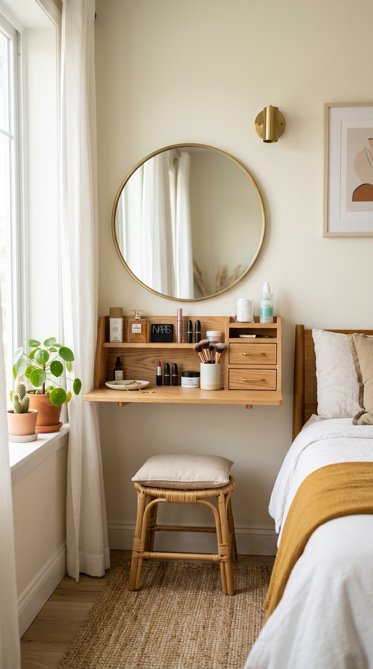 Wall-mounted mini vanity shelf in small bedroom