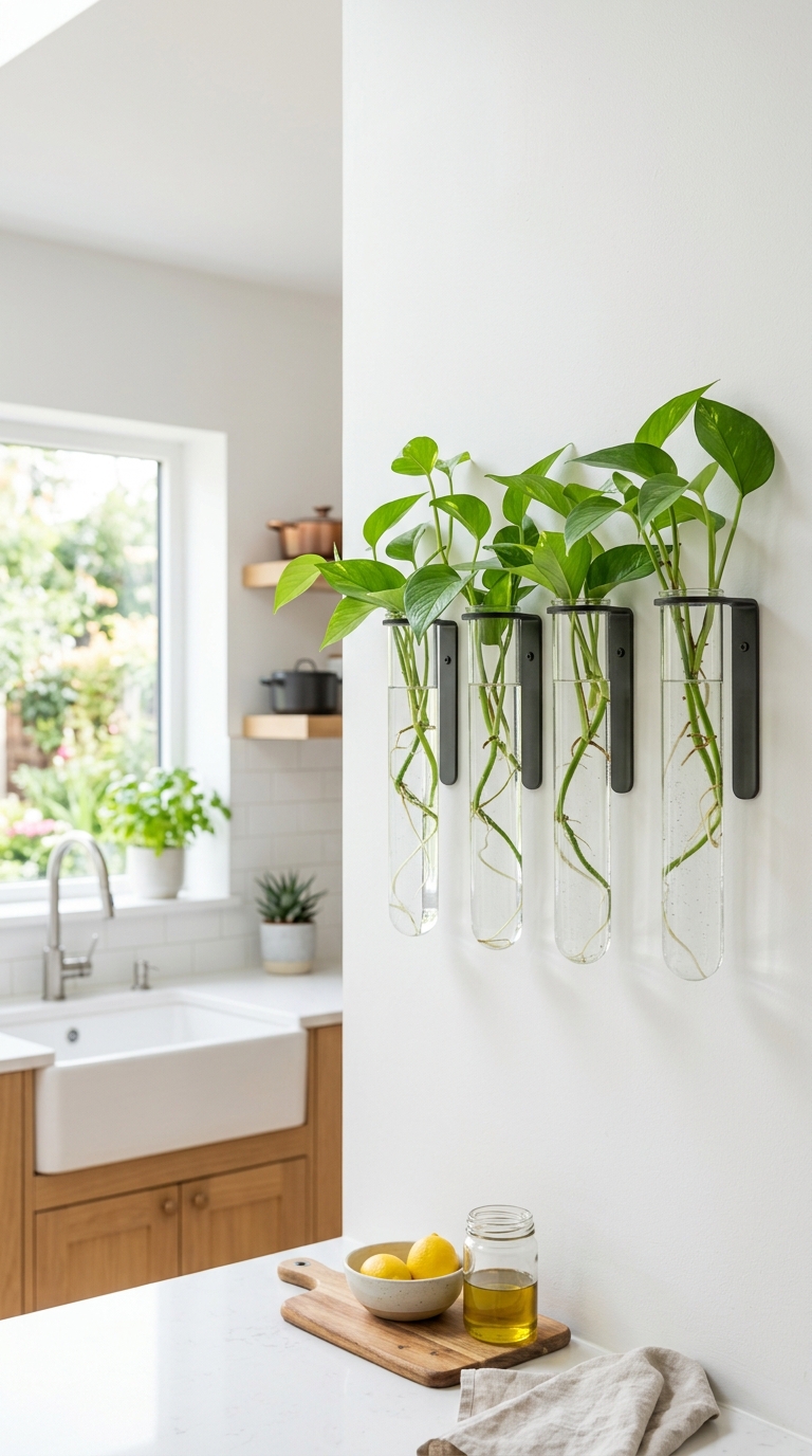 Wall-mounted test tube planters holding money plant cuttings in a kitchen