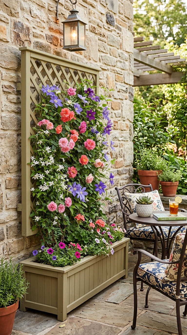 Freestanding wall-mounted trellis with planter box on a patio