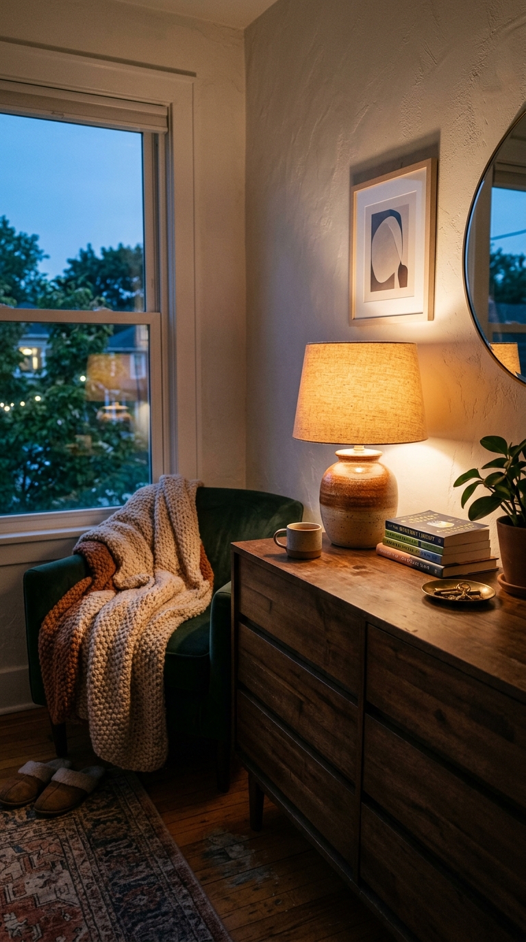 Warm amber table lamp lighting a cozy fall bedroom dresser corner