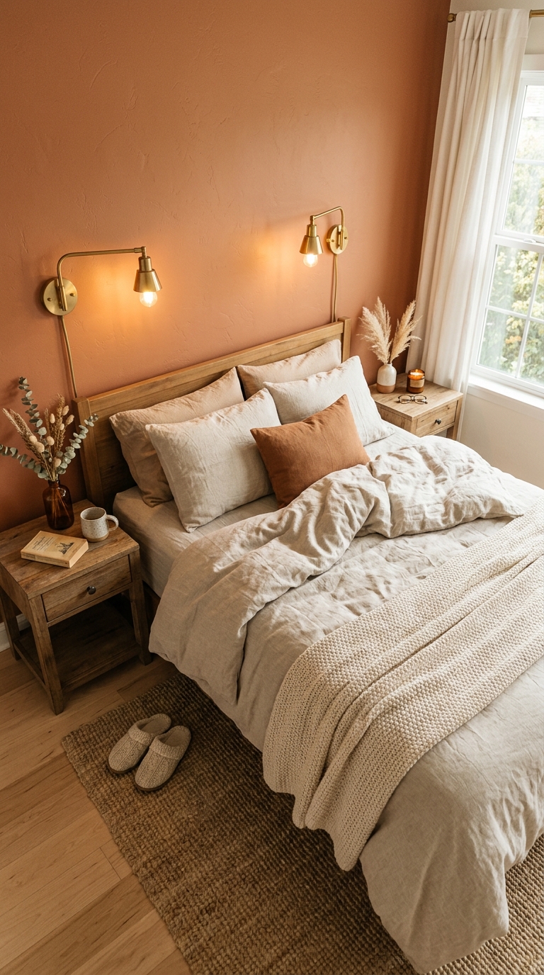 Warm terracotta accent wall in a cozy couples bedroom with neutral bedding and soft natural light